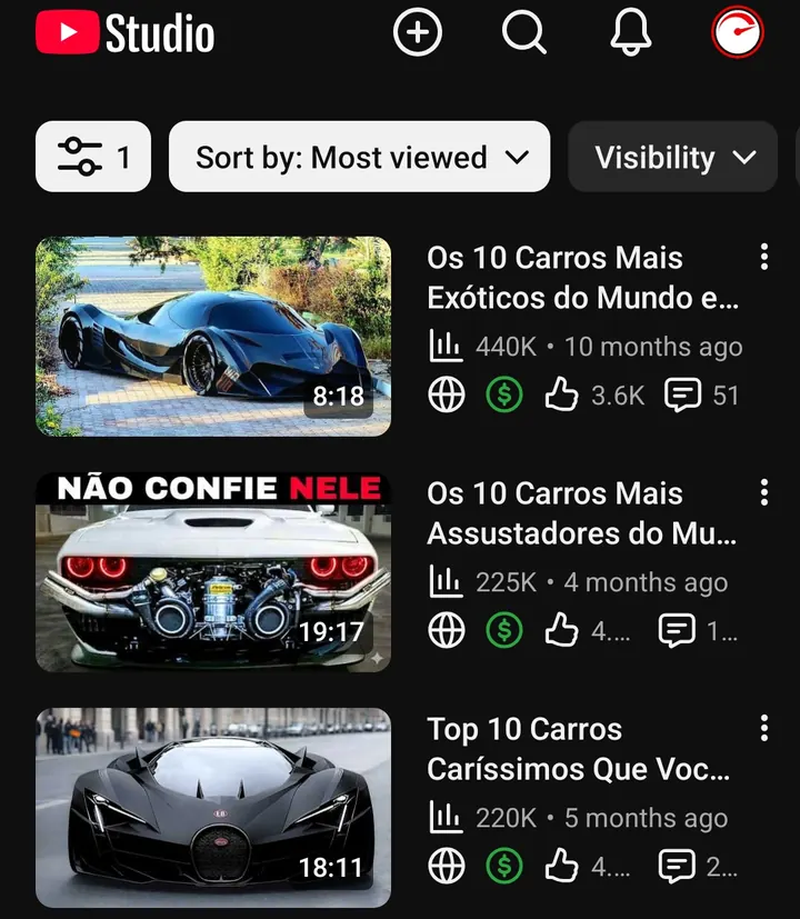 YouTube Studio do Nitrosfera: vídeos mais vistos com 440 mil, 225 mil e 220 mil visualizações