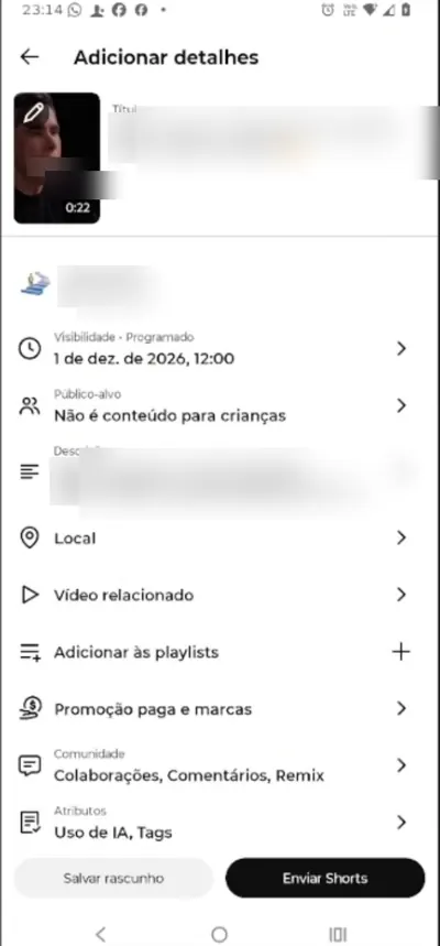 Tela de publicação do primeiro Short